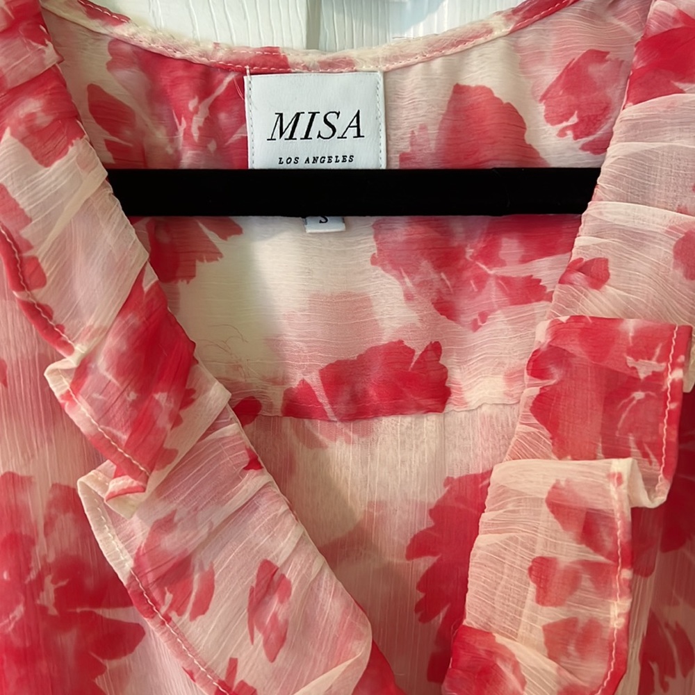 Misa Los Angeles Pink and Red Floral Asymmetrical Ruffle Dress - Picture 2 of 8